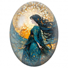 Cabochon en Verre Illustré Femme en Robe Bleue devant le Soleil Doré pour la Création de Bijoux Fantaisie - DIY