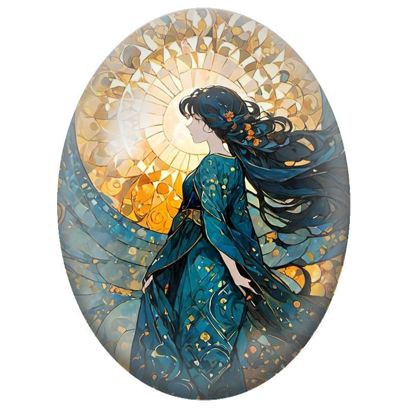 Cabochon en Verre Illustré Femme en Robe Bleue devant le Soleil Doré 13x18, 18x25 ou 30x40mm