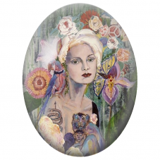Cabochon en Verre Illustré Femme au Perroquet, Papillon et Singes pour la Création de Bijoux Fantaisie - DIY
