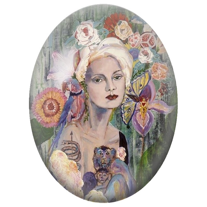 Cabochon en Verre Illustré Femme au Perroquet, Papillon et Singes 13x18, 18x25 ou 30x40mm