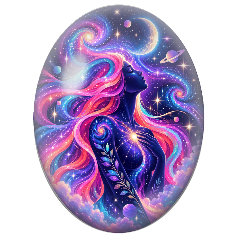 Cabochon en Verre Illustré Silhouette Cosmique aux Cheveux Arc-en-Ciel 13x18, 18x25 ou 30x40mm