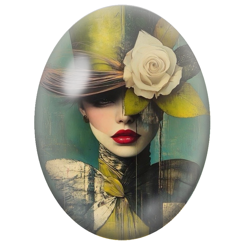 Cabochon en Verre Illustré Femme à la Rose Blanche et aux Papillons 13x18, 18x25 ou 30x40mm