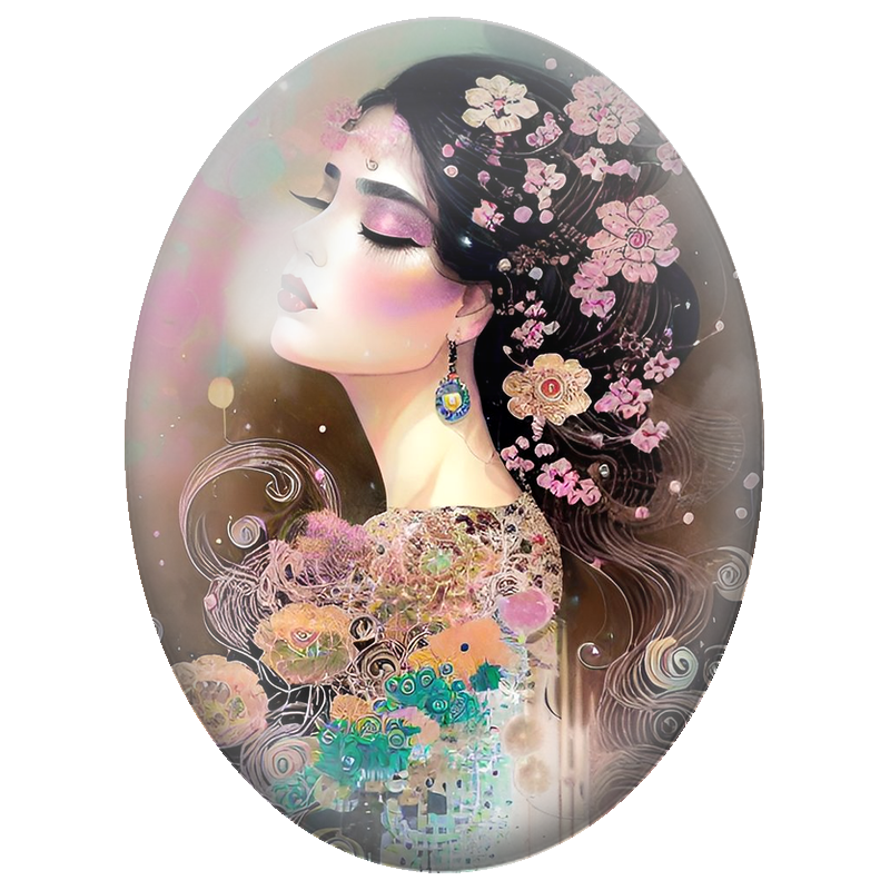 Cabochon en Verre Illustré Femme aux Fleurs Roses et Spirales Nacrées 13x18, 18x25 ou 30x40mm