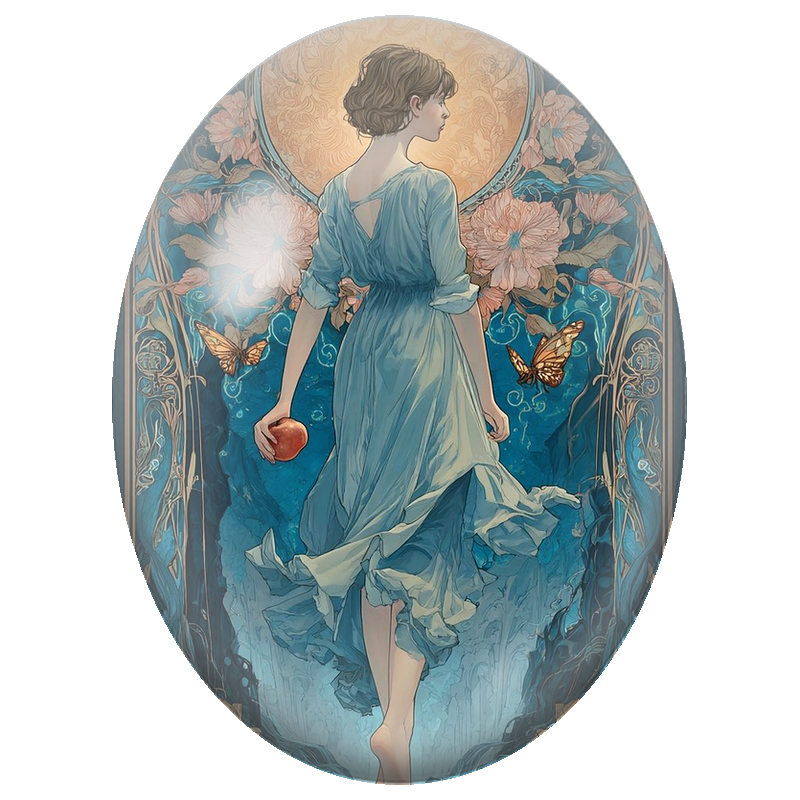 Cabochon en Verre Illustré Femme en Robe Bleue à la Pomme Rouge 13x18, 18x25 ou 30x40mm