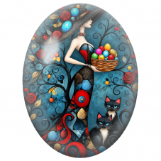 Cabochon en Verre Illustré Femme aux Œufs Colorés avec Deux Chats Noirs pour la Création de Bijoux Fantaisie - DIY