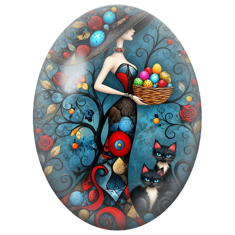 Cabochon en Verre Illustré Femme aux Œufs Colorés avec Deux Chats Noirs 13x18, 18x25 ou 30x40mm