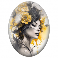 Cabochon en Verre Illustré Femme aux Roses Jaunes et Noires pour la Création de Bijoux Fantaisie - DIY