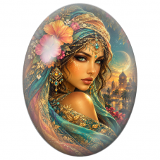 Cabochon en Verre Illustré Femme au Turban Doré et Fleurs Corail pour la Création de Bijoux Fantaisie - DIY