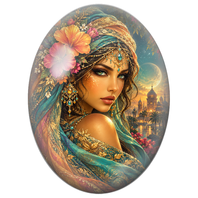 Cabochon en Verre Illustré Femme au Turban Doré et Fleurs Corail 13x18, 18x25 ou 30x40mm