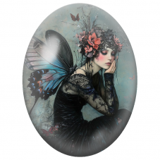 Cabochon en Verre Illustré Fée Noire aux Ailes Bleues et Fleurs Corail pour la Création de Bijoux Fantaisie - DIY