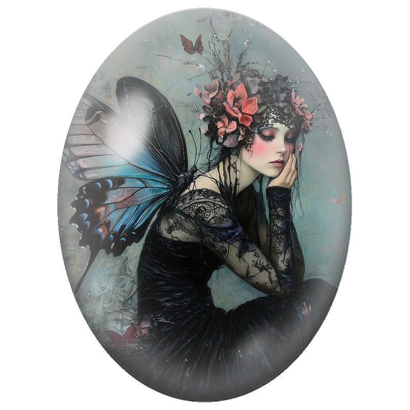 Cabochon en Verre Illustré Fée Noire aux Ailes Bleues et Fleurs Corail 13x18, 18x25 ou 30x40mm
