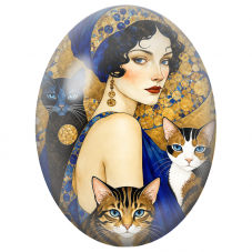 Cabochon en Verre Illustré Femme au Turban Bleu avec Trois Chats pour la Création de Bijoux Fantaisie - DIY