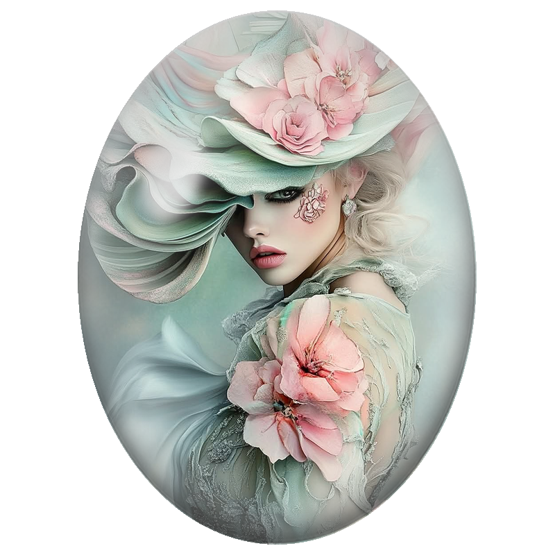 Cabochon en Verre Illustré Femme au Grand Chapeau Vert d’Eau Fleuri 13x18, 18x25 ou 30x40mm