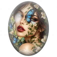 Cabochon en Verre Illustré Visage Féminin au Papillon Bleu et Marguerites pour la Création de Bijoux Fantaisie - DIY