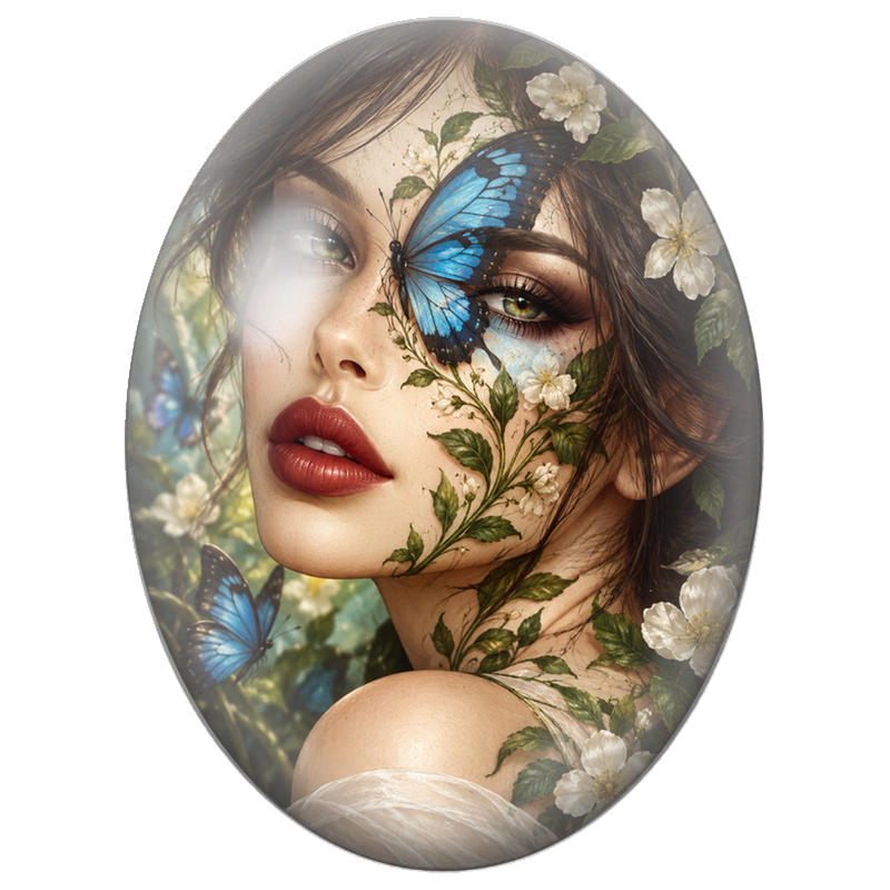 Cabochon en Verre Illustré Visage Féminin au Papillon Bleu et Marguerites 13x18, 18x25 ou 30x40mm