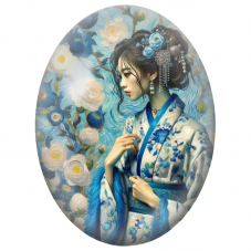 Cabochon en Verre Illustré Femme Japonaise au Kimono parmi les Roses Bleues pour la Création de Bijoux Fantaisie - DIY