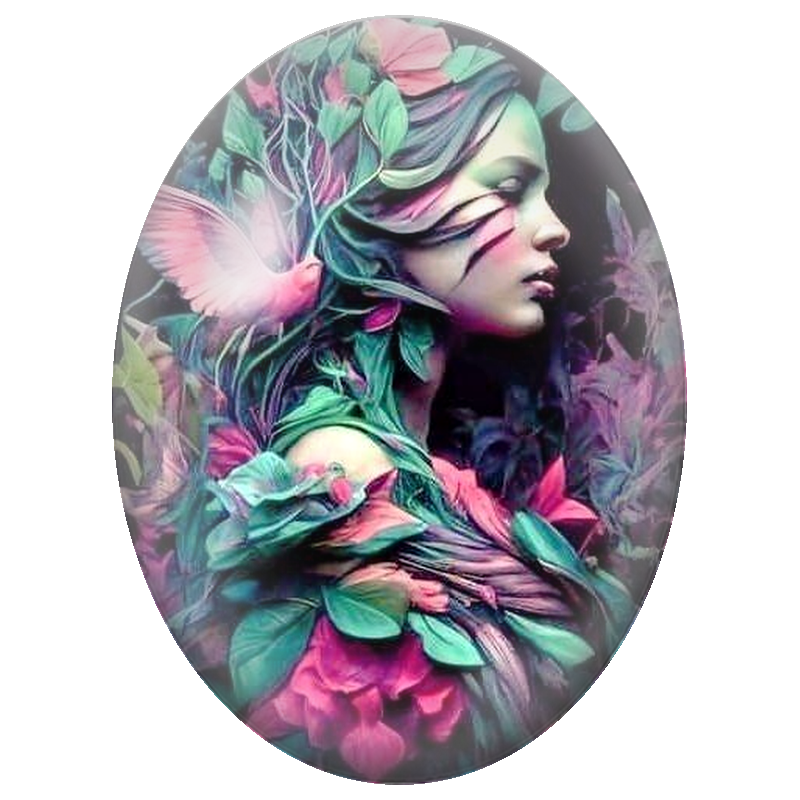 Cabochon en Verre Illustré Femme Végétale aux Oiseaux Roses 13x18, 18x25 ou 30x40mm
