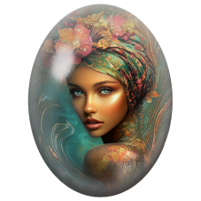 Cabochon en Verre Illustré Femme au Turban Fleuri Turquoise et Or pour la Création de Bijoux Fantaisie - DIY