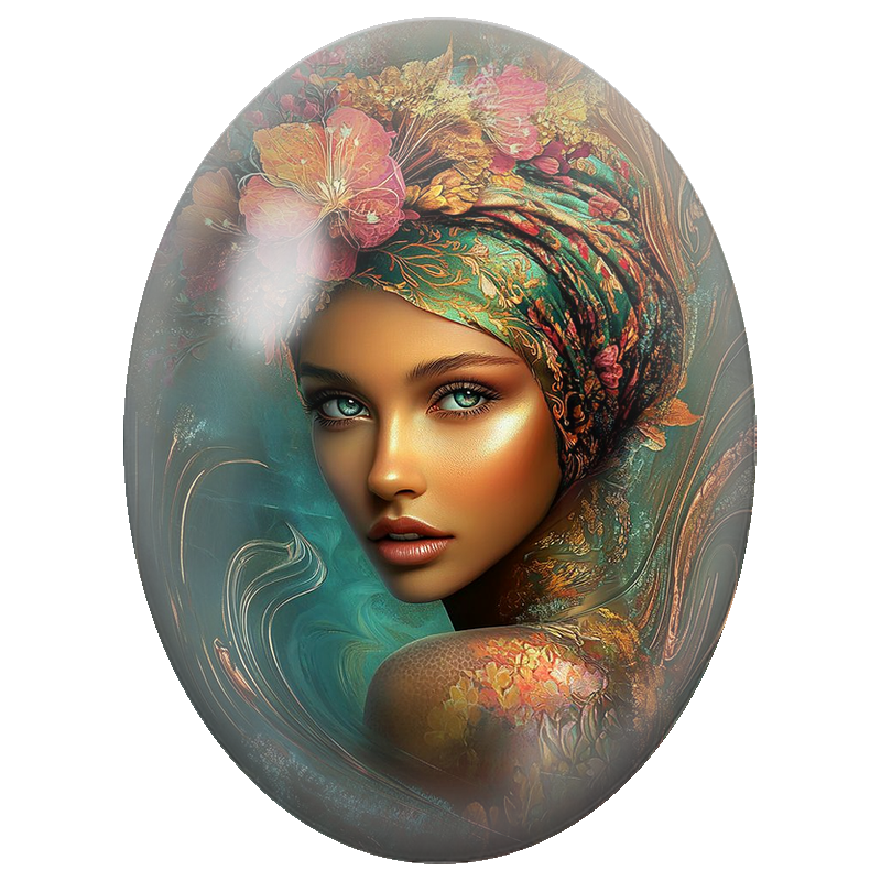 Cabochon en Verre Illustré Femme au Turban Fleuri Turquoise et Or 13x18, 18x25 ou 30x40mm