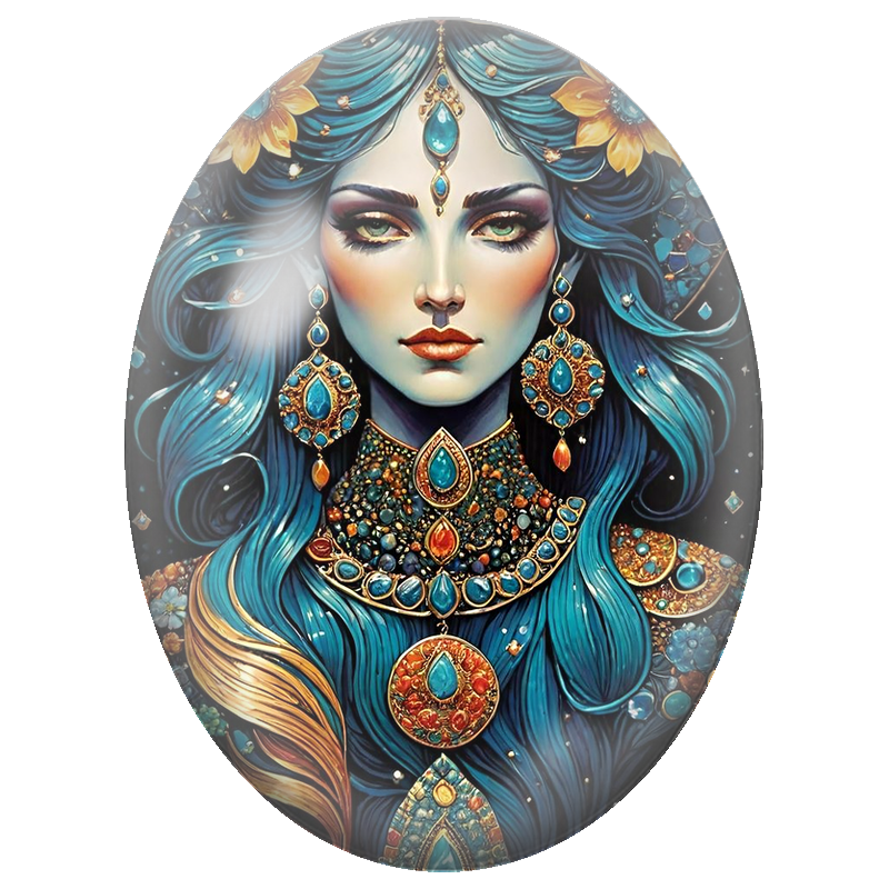 Cabochon en Verre Illustré Femme aux Cheveux Bleus et Joyaux Turquoise 13x18, 18x25 ou 30x40mm