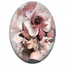 Cabochon en Verre Illustré Femme aux Magnolias Roses et Papillons pour la Création de Bijoux Fantaisie - DIY