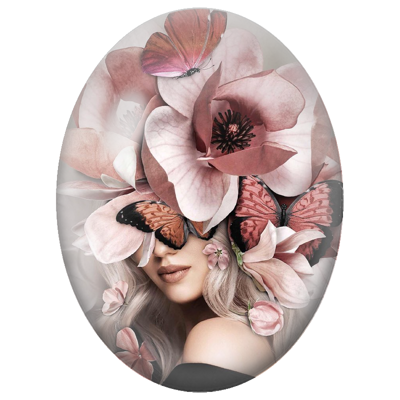 Cabochon en Verre Illustré Femme aux Magnolias Roses et Papillons 13x18, 18x25 ou 30x40mm