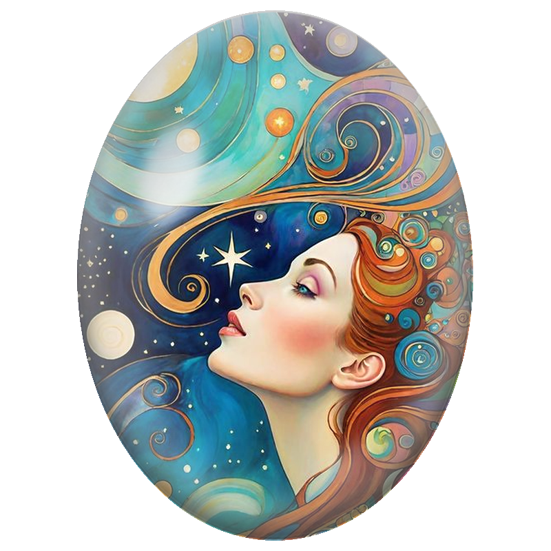 Cabochon en Verre Illustré Femme Cosmique aux Volutes Multicolores 13x18, 18x25 ou 30x40mm