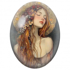 Cabochon en Verre Illustré Femme Rousse aux Fleurs et Halo Doré pour la Création de Bijoux Fantaisie - DIY