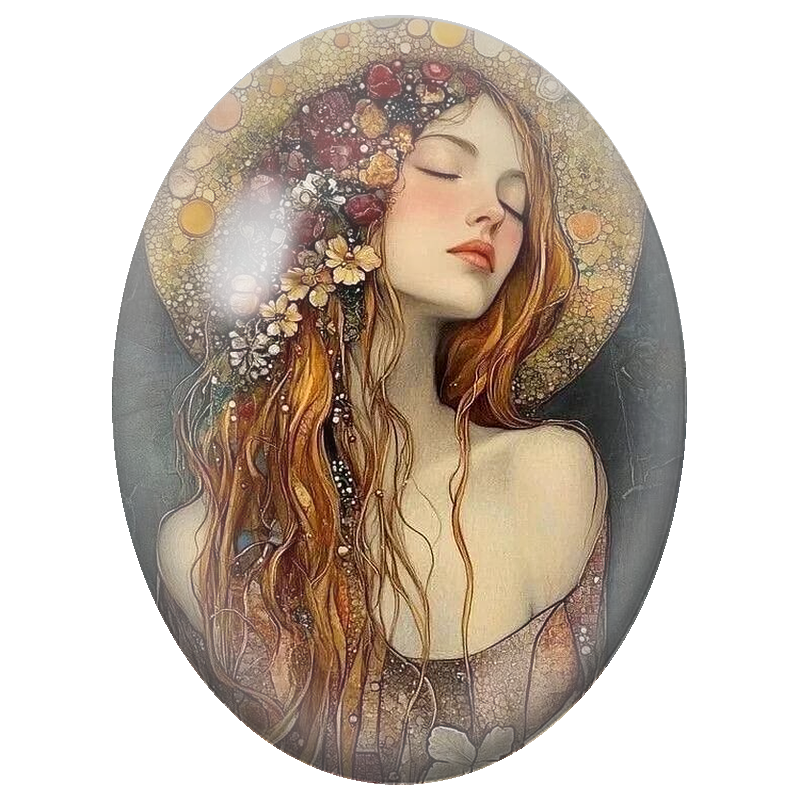 Cabochon en Verre Illustré Femme Rousse aux Fleurs et Halo Doré 13x18, 18x25 ou 30x40mm
