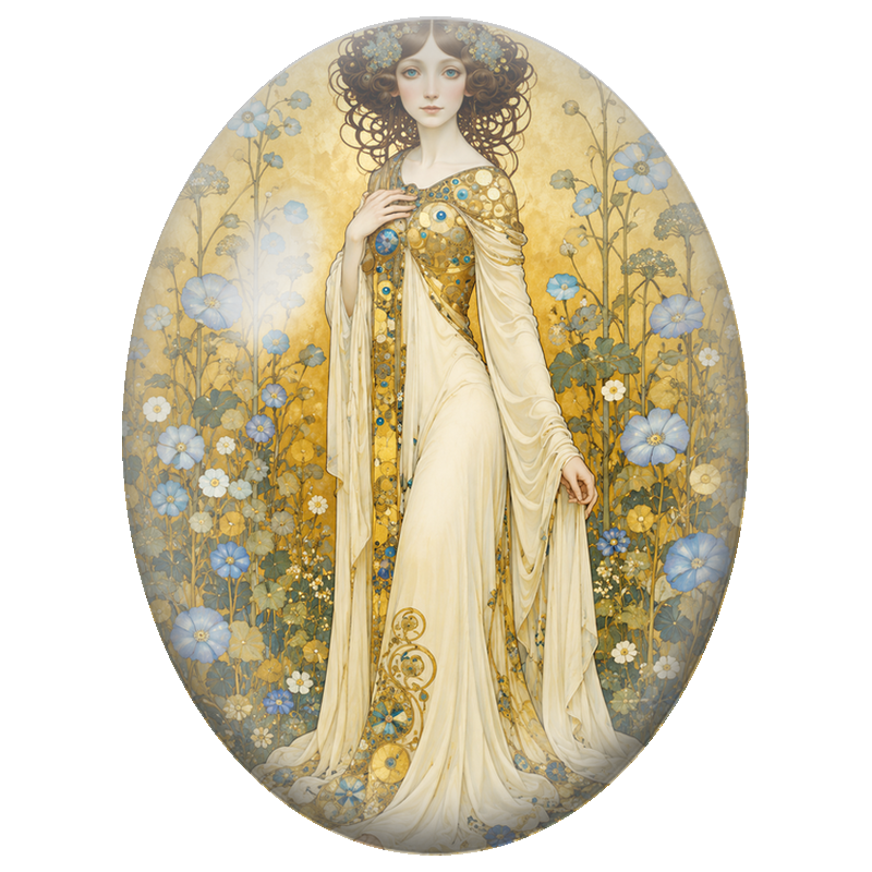 Cabochon en Verre Illustré Femme en Robe Ivoire aux Fleurs Bleues 13x18, 18x25 ou 30x40mm