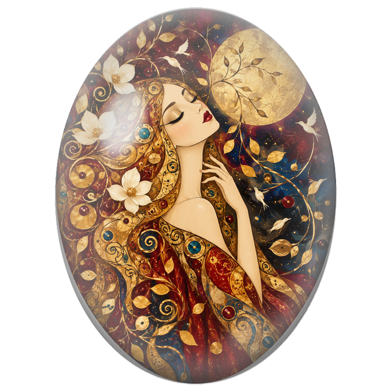 Cabochon en Verre Illustré Femme Dorée au Masque de Carnaval 13x18, 18x25 ou 30x40mm