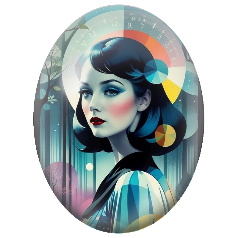 Cabochon en Verre Illustré Femme Géométrique dans la Forêt du Temps 13x18, 18x25 ou 30x40mm