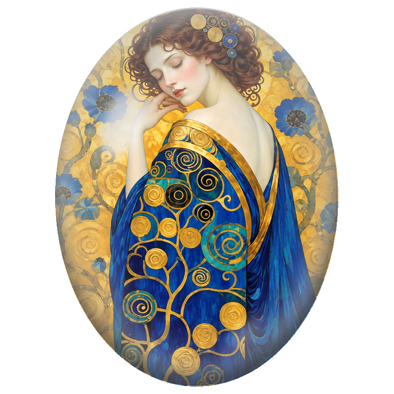 Cabochon en Verre Illustré Femme Rousse en Bleu aux Spirales Dorées 13x18, 18x25 ou 30x40mm