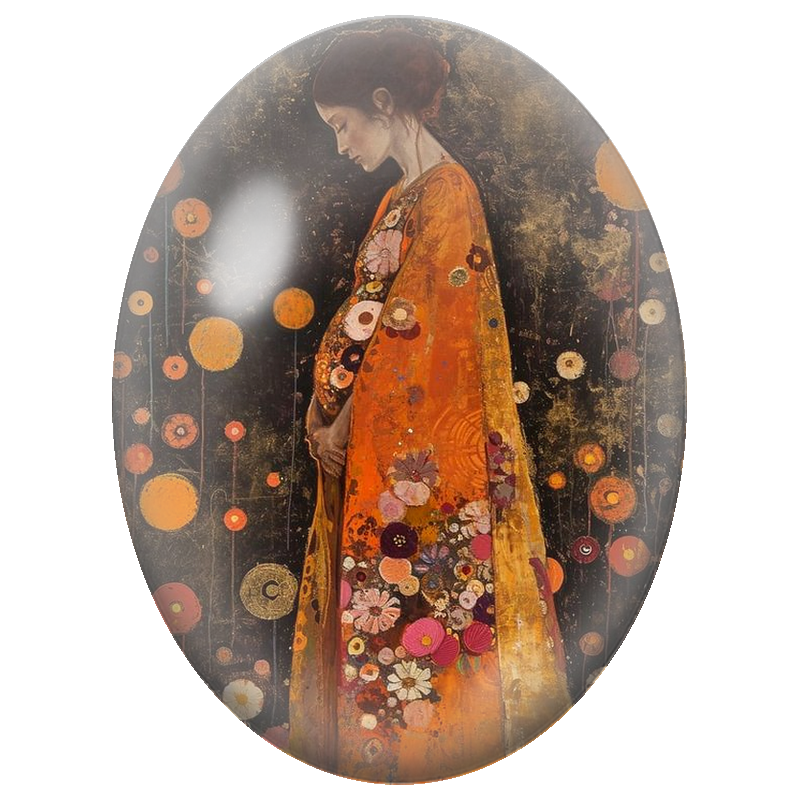 Cabochon en Verre Illustré Femme Enceinte à la Cape Orange Fleurie 13x18, 18x25 ou 30x40mm