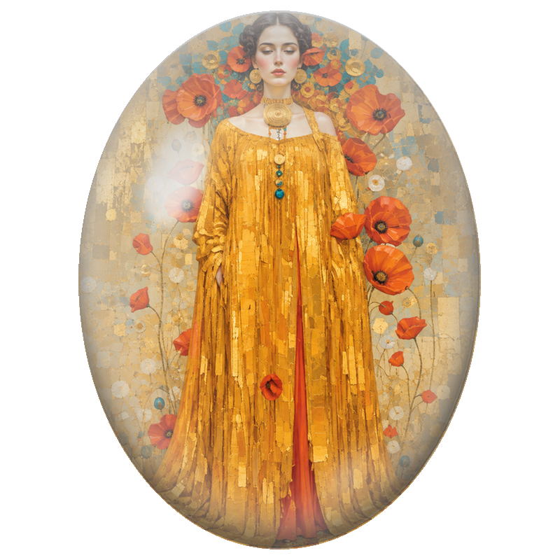 Cabochon en Verre Illustré Femme en Robe Dorée aux Coquelicots 13x18, 18x25 ou 30x40mm