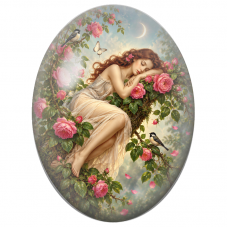 Cabochon en Verre Illustré Femme Endormie dans un Rosier pour la Création de Bijoux Fantaisie - DIY