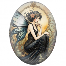 Cabochon en Verre Illustré Fée Art Nouveau à la Robe Noire pour la Création de Bijoux Fantaisie - DIY