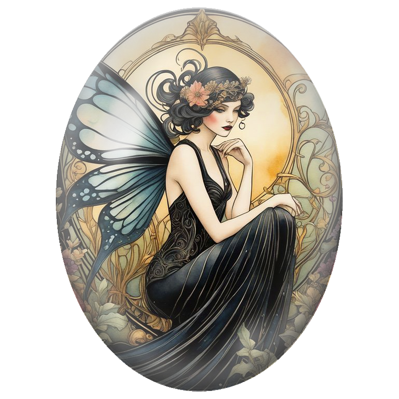Cabochon en Verre Illustré Fée Art Nouveau à la Robe Noire 13x18, 18x25 ou 30x40mm