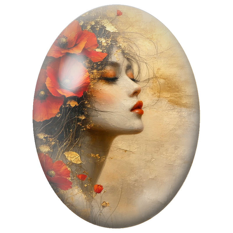 Cabochon en Verre Illustré Femme aux Coquelicots Rouges sur Fond Doré 13x18, 18x25 ou 30x40mm