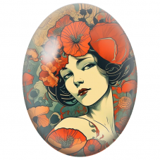 Cabochon en Verre Illustré Femme aux Coquelicots Orange Graphiques pour la Création de Bijoux Fantaisie - DIY