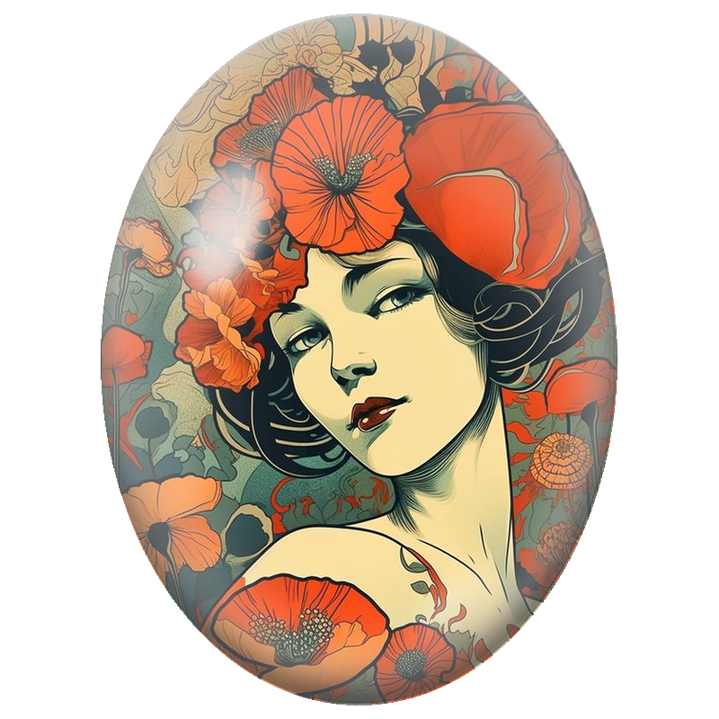 Cabochon en Verre Illustré Femme aux Coquelicots Orange Graphiques 13x18, 18x25 ou 30x40mm