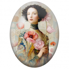 Cabochon en Verre Illustré Femme au Bouquet de Pavots Poudrés pour la Création de Bijoux Fantaisie - DIY