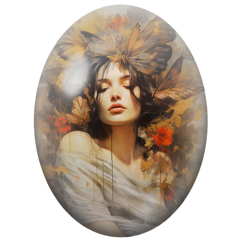 Cabochon en Verre Illustré Femme aux Papillons Bruns et Fleurs Rouges 13x18, 18x25 ou 30x40mm