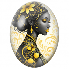 Cabochon en Verre Illustré Femme Noire aux Fleurs Jaunes et Arabesques pour la Création de Bijoux Fantaisie - DIY