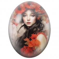 Cabochon en Verre Illustré Jeune Femme à la Couronne de Coquelicots pour la Création de Bijoux Fantaisie - DIY