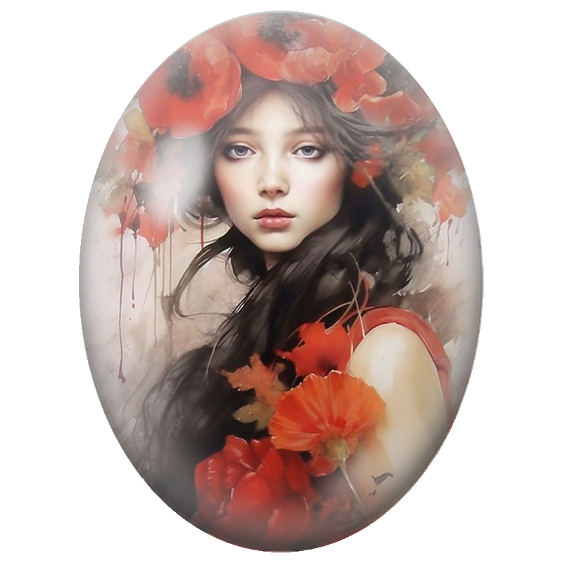 Cabochon en Verre Illustré Jeune Femme à la Couronne de Coquelicots 13x18, 18x25 ou 30x40mm