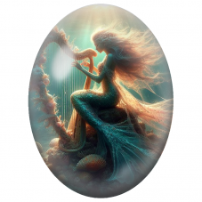 Cabochon en Verre Illustré Sirène Jouant de la Harpe sous la Mer pour la Création de Bijoux Fantaisie - DIY