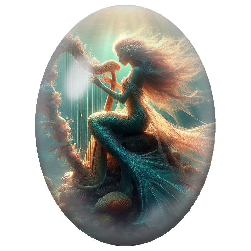 Cabochon en Verre Illustré Sirène Jouant de la Harpe sous la Mer 13x18, 18x25 ou 30x40mm
