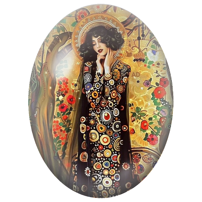 Cabochon en Verre Illustré Femme à la Robe Noire aux Médaillons Colorés 13x18, 18x25 ou 30x40mm