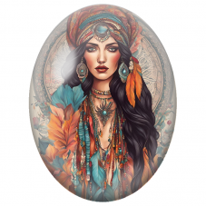 Cabochon en Verre Illustré Femme Bohème au Turban et Plumes Orange pour la Création de Bijoux Fantaisie - DIY